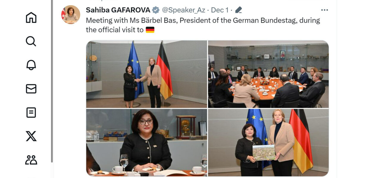 Die aserbaidschanische Sprecherin präsentiert sich der Bundestagsvorsitzenden Bärbel Bas.